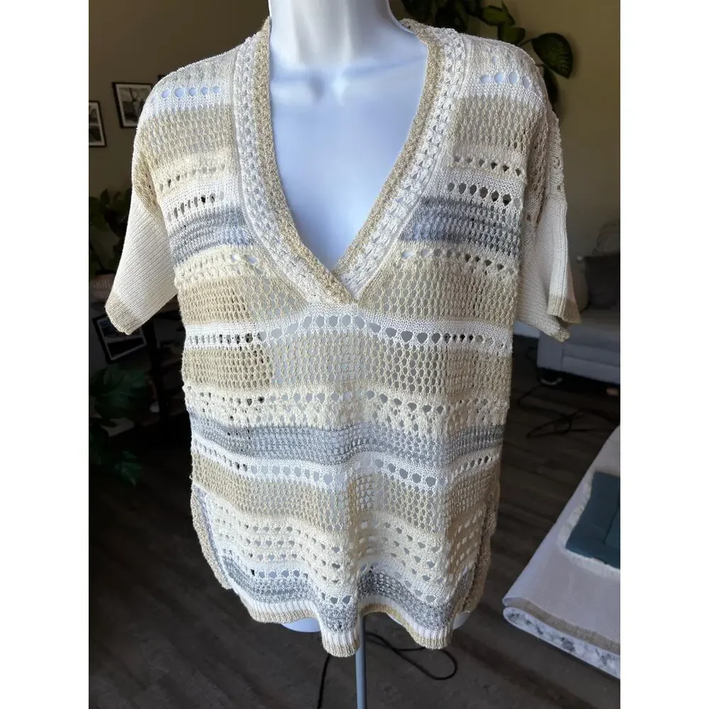 Chico's Small Open Weave Crochet V-Neck Slouchy Boho Short Sleeve Sweater #484‎